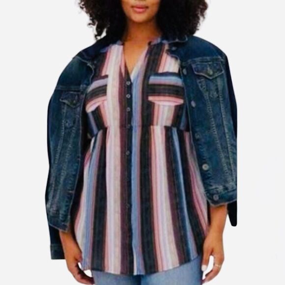 Torrid Emma Babydoll Tunic Chiffon Striped Black-Multi in Size 1X - Picture 2 of 9
